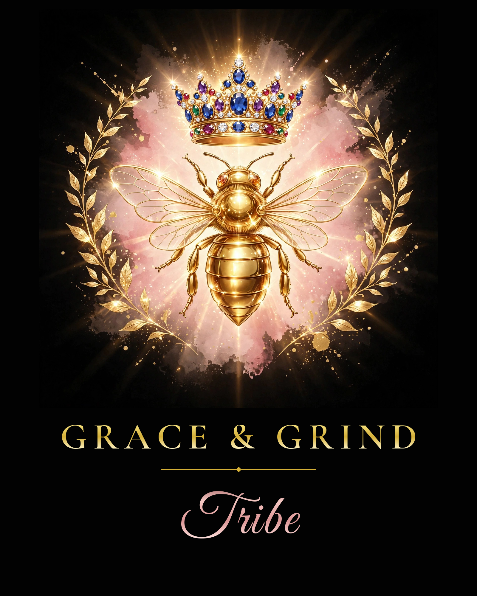 Grace & Grind Tribe emblem — golden bee with jeweled crown on black